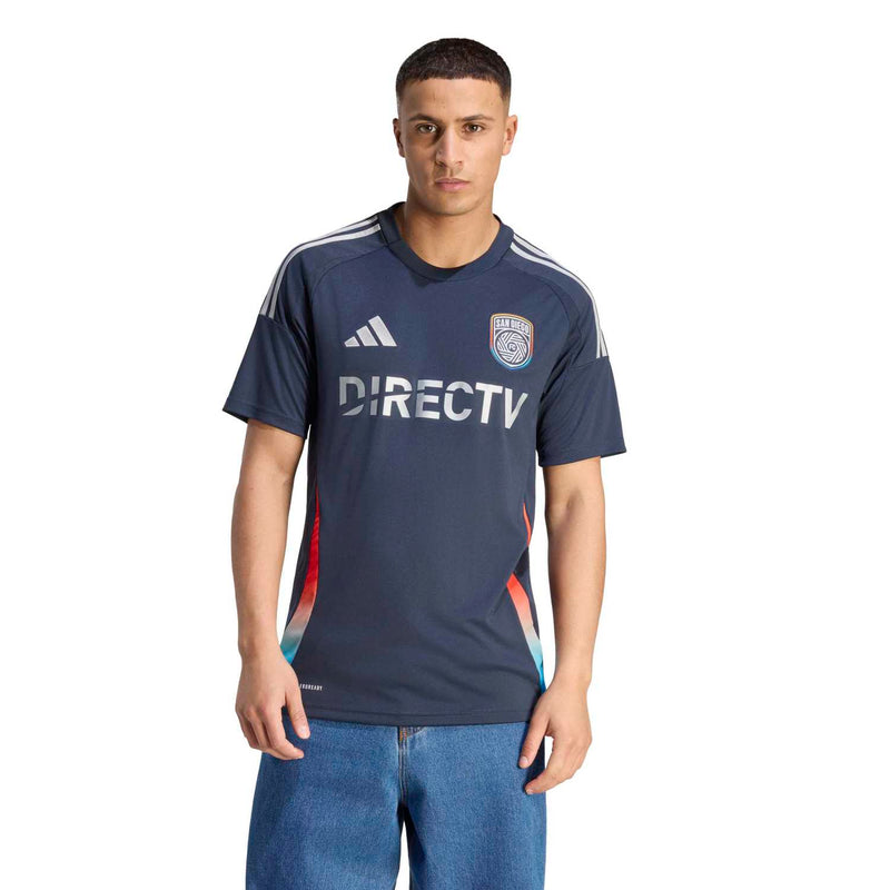 Men's navy soccer jersey with DIRECTV logo, side stripe panels, and club crest