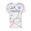 Men's white replica away soccer jersey with orange and blue abstract pattern, crest and DIRECTV