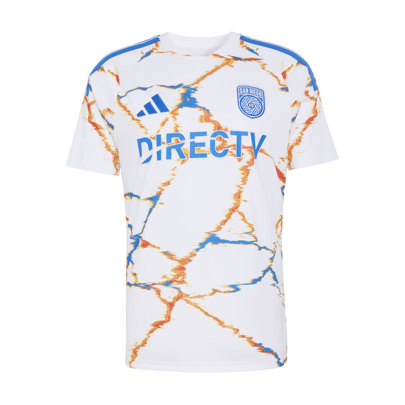Men's white replica away soccer jersey with orange and blue abstract pattern, crest and DIRECTV