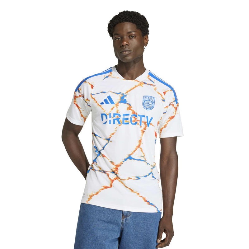 Men's white replica away soccer jersey with orange and blue abstract pattern and DIRECTV logo