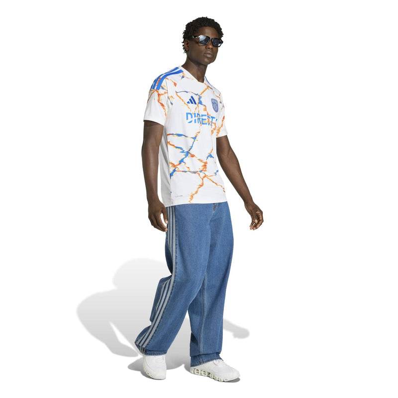 Men's white replica away soccer jersey with orange and blue splatter design, short sleeves