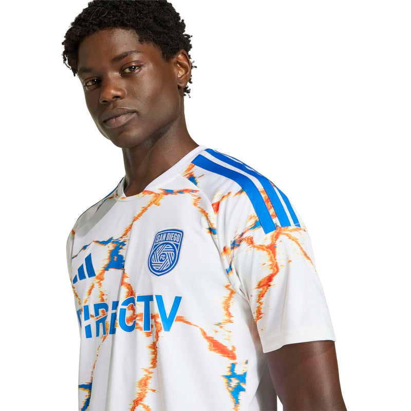 Men's white replica away soccer jersey with orange and blue pattern, team crest on chest