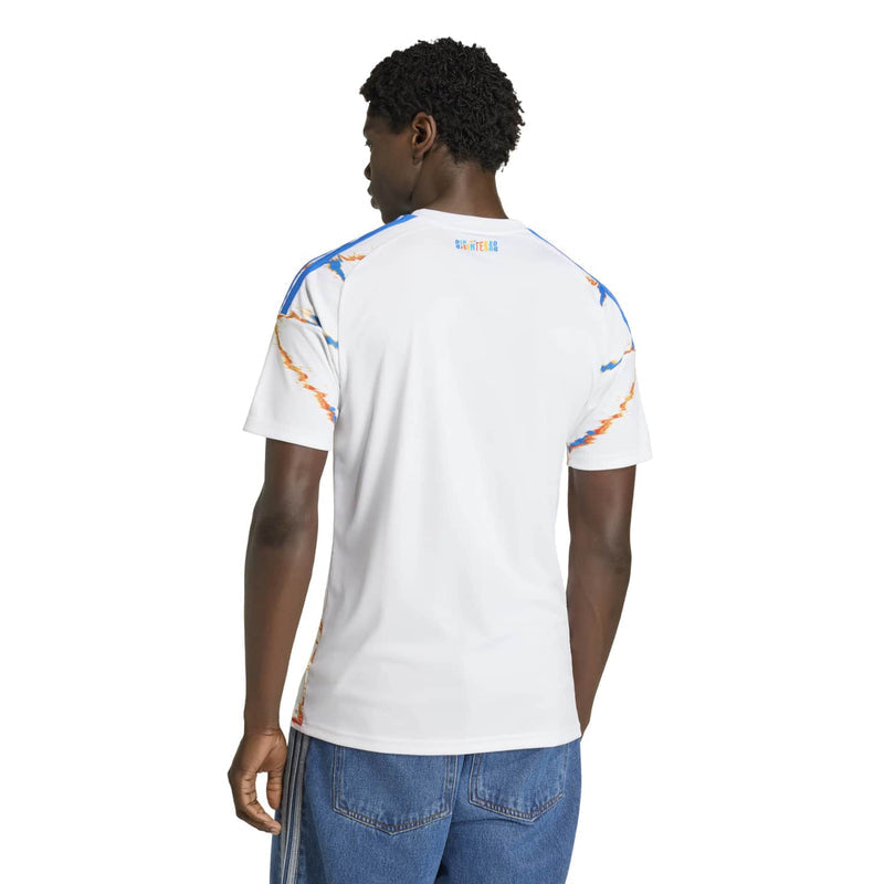Men's white replica away soccer jersey back with orange side accents and blue trim on shoulders