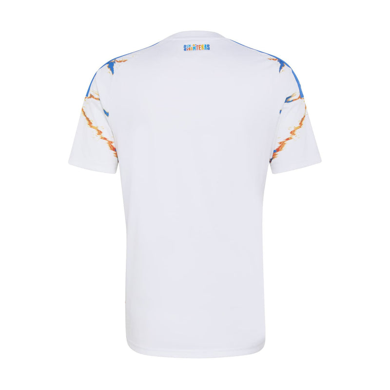 Men's white replica away soccer jersey back with small blue neck logo and orange side accents