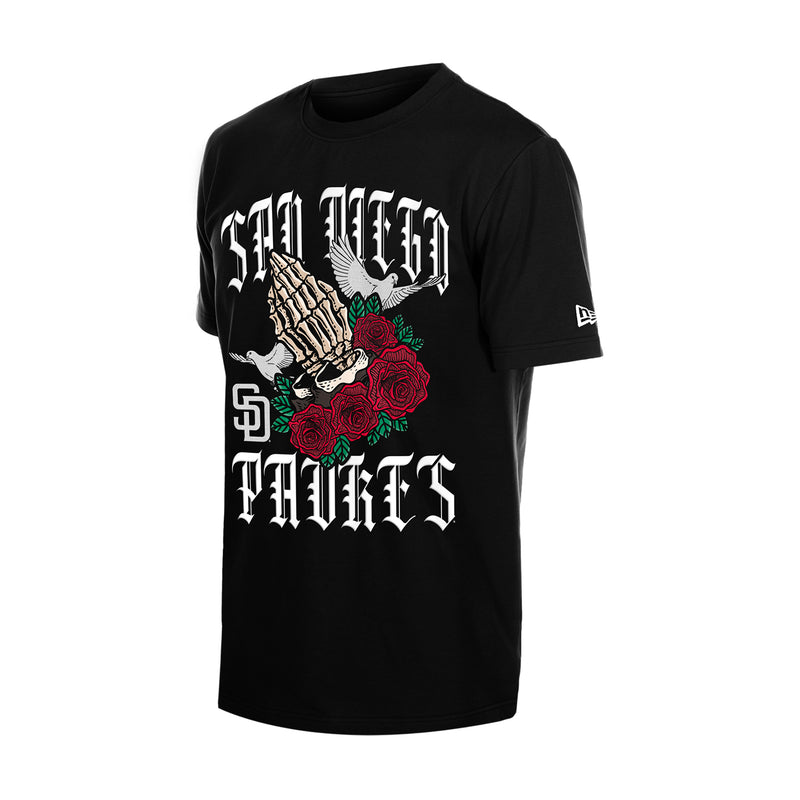 Black men’s graphic gothic tee with hand-and-rose front print