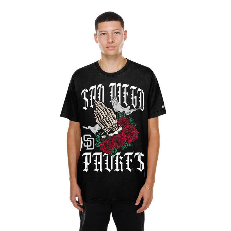 Black men’s gothic graphic tee with skeleton hand and red rose front print