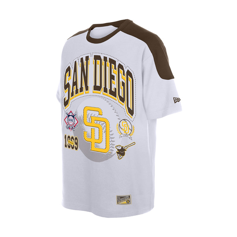 Men's white raglan varsity tee with San Diego Padres front graphic and team logos