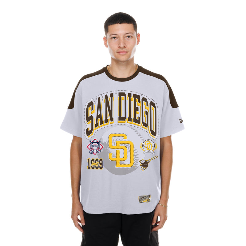 Men's white raglan varsity tee with bold San Diego Padres front logo, short sleeves