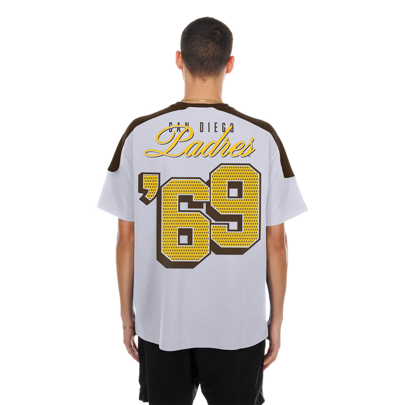 Men's white raglan varsity tee with Padres 69 graphic on back and stitched details