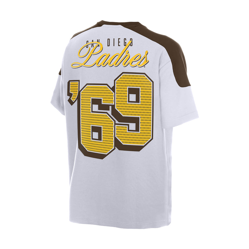 Men's white raglan varsity tee with Padres script and large 69 number graphic on back
