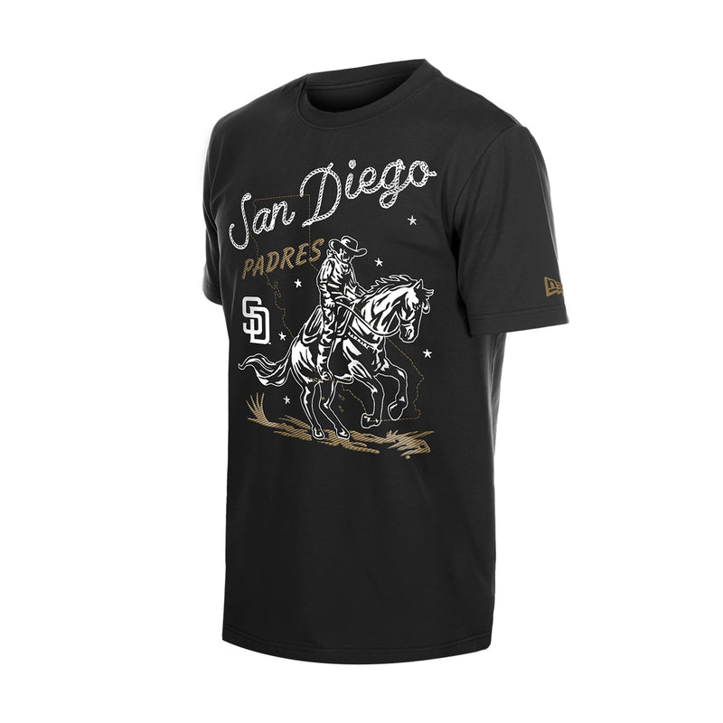 Mens black western graphic T-shirt with San Diego text and Padres logo front