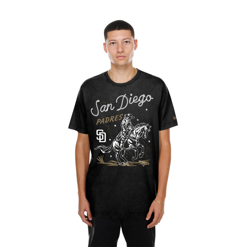 Mens black western graphic T-shirt with San Diego script, Padres logo, and rodeo image