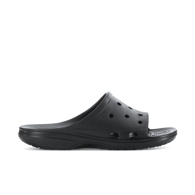 Men's black slide sandals with perforated upper and textured footbed