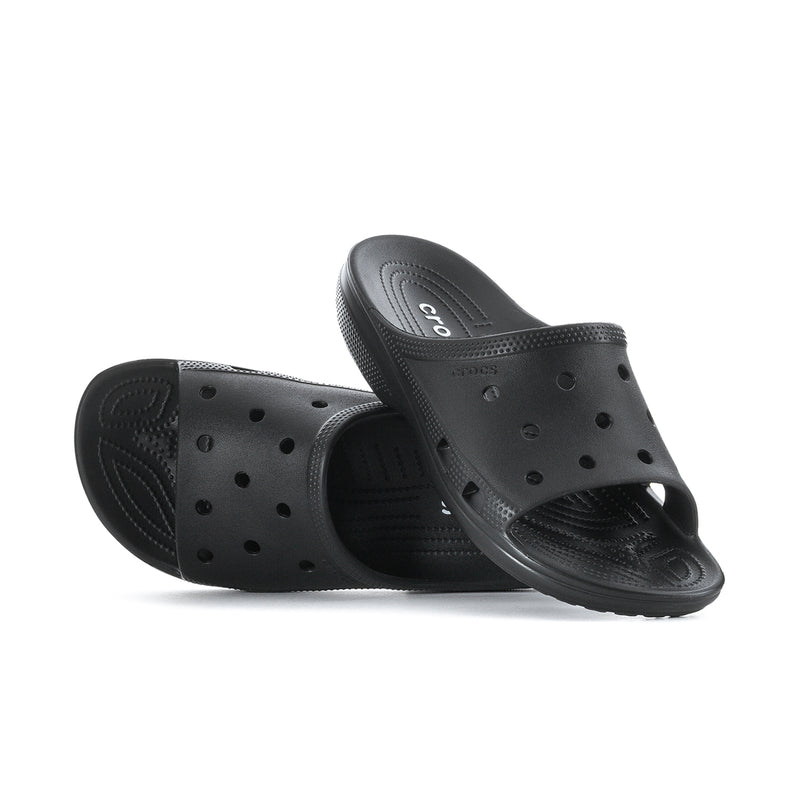 Men's black slide sandals with open-toe upper, perforations, and contoured sole