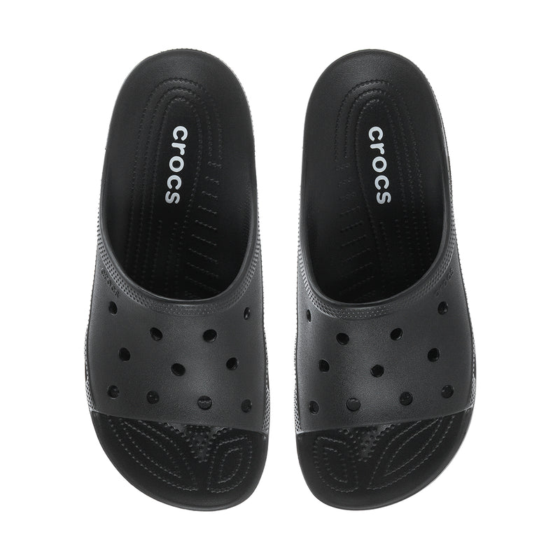 Pair of men's black Crocs slide sandals with perforated uppers and embossed logo