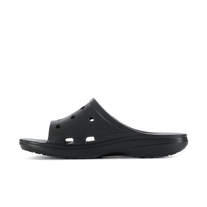 Men's black slide sandals with perforated upper and easy slip-on design