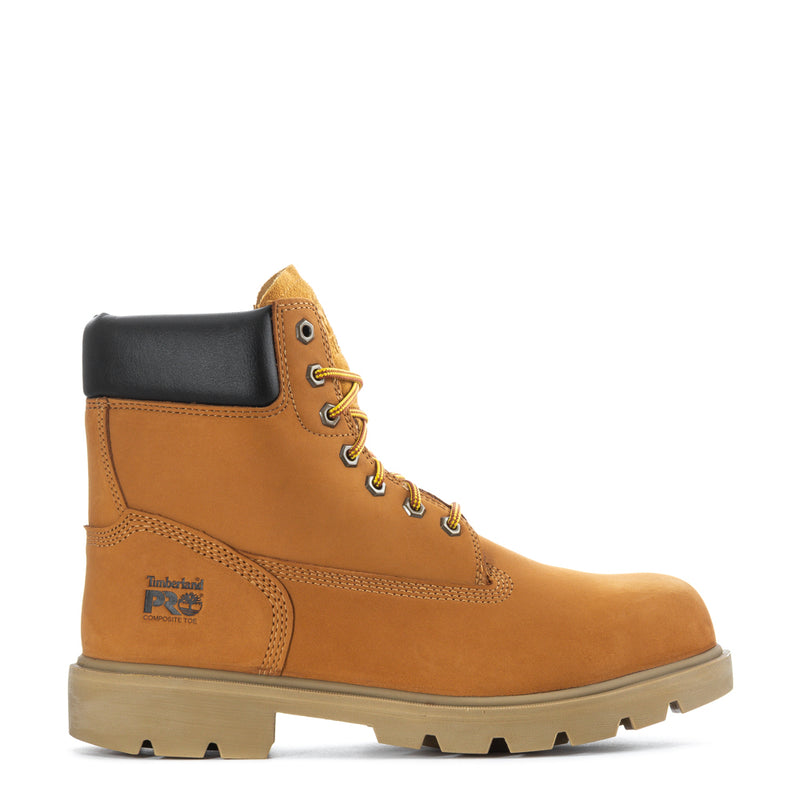 Mens wheat work boot with black collar, yellow laces, padded collar, lug outsole