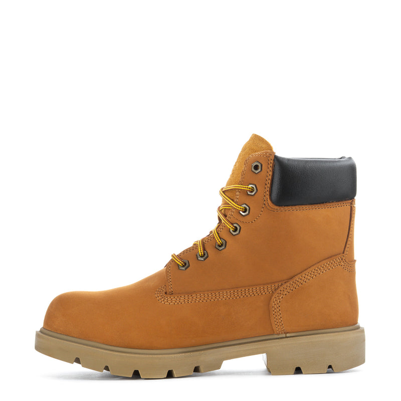 Mens tan wheat work boot with black ankle panel, yellow lace-up, side stitch details