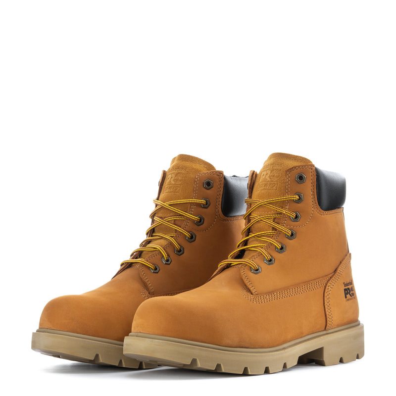Pair of mens wheat work boots with black heel collar, yellow laces, rugged tread sole