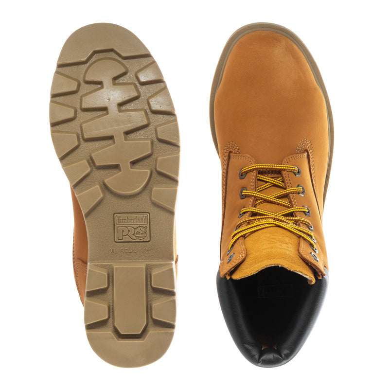 Mens work boot outsole and front view: tan tread, yellow laces, black leather toe area