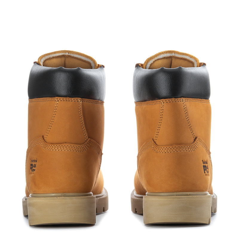 Mens wheat work boots heel and back view with black collar, padded tabs, lug sole
