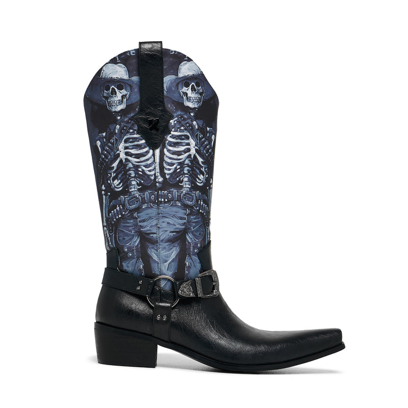 Black cowboy boot with skeleton design on a white background