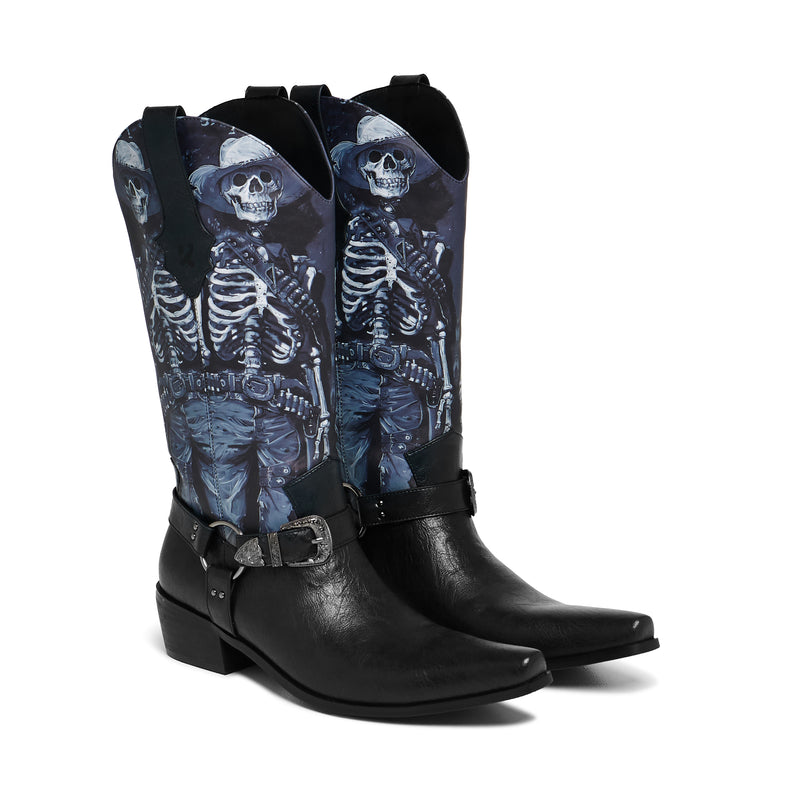 Black cowboy boots with skeleton design on a white background