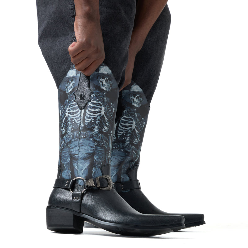 Black boots with skeleton design on a white background