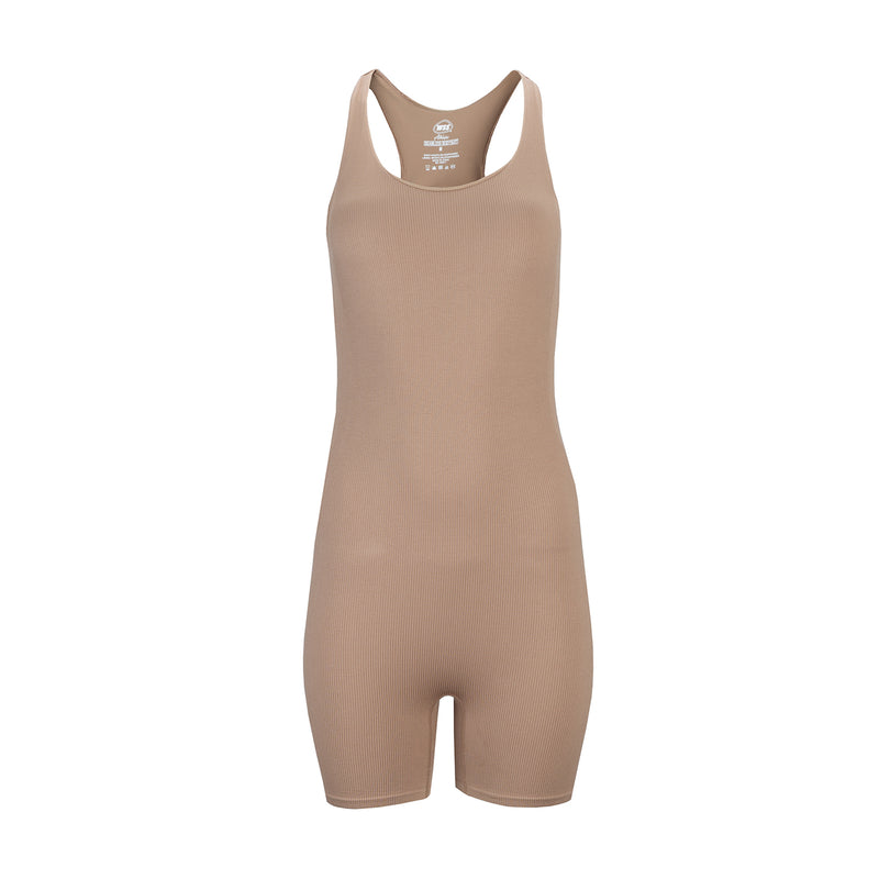 Taupe beige sleeveless womens bodysuit, scoop neck and full coverage with seamless fit