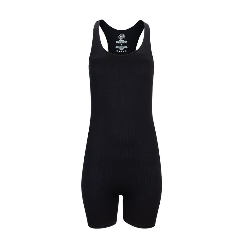 Black womens seamless bodysuit with scoop neckline and wide shoulder straps