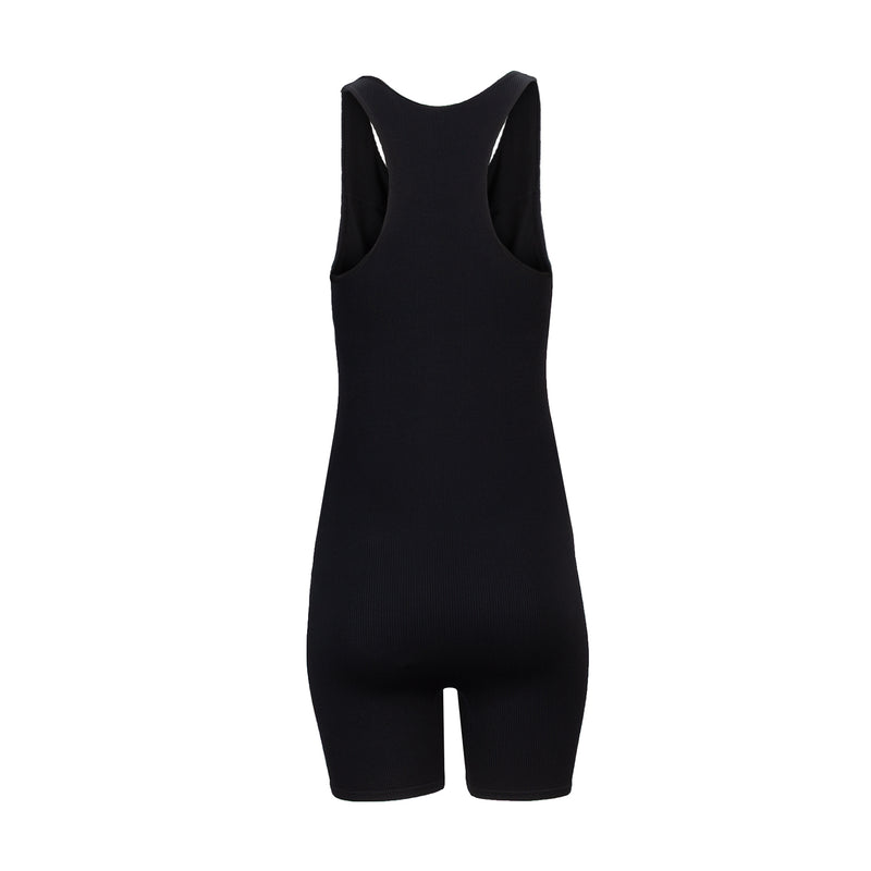Black womens seamless bodysuit with racerback and scoop neckline, full leg coverage