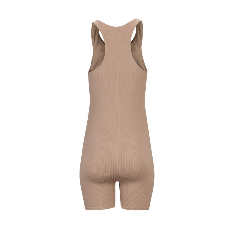 Taupe beige sleeveless seamless bodysuit with scoop back and full-length leg coverage