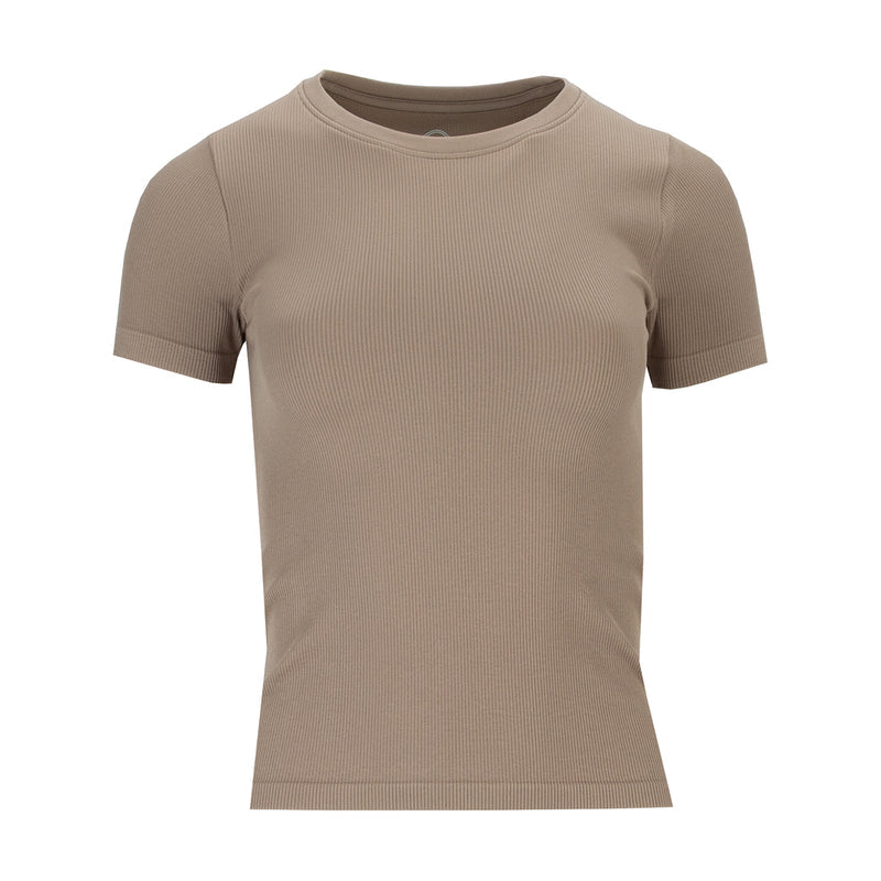 Women's seamless tee in mocha beige, ribbed crew neck short sleeves
