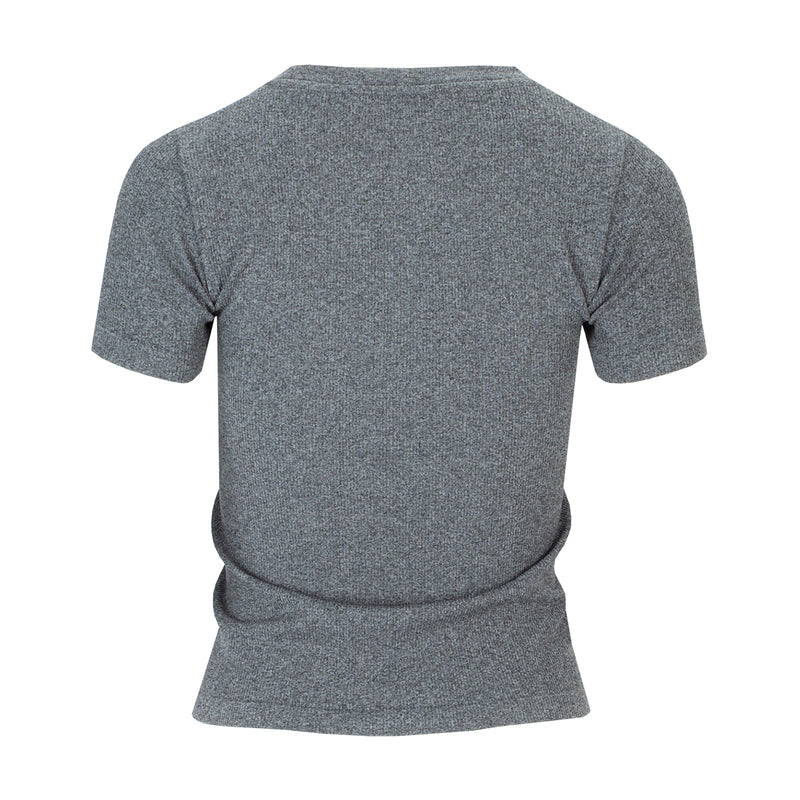 Women's charcoal seamless tee, back view, crew neck short sleeves