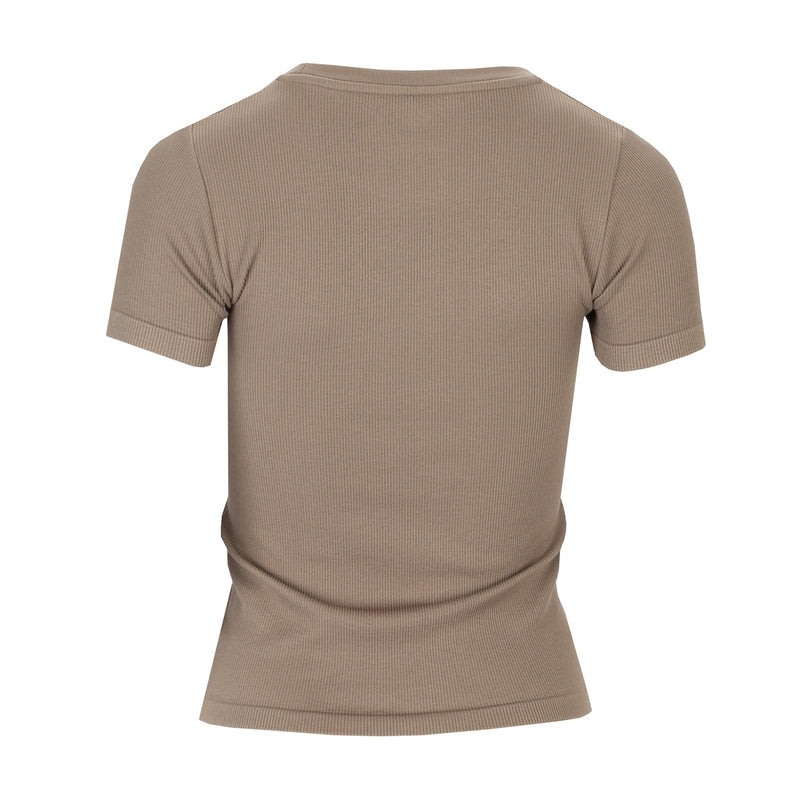 Women's seamless tee in mocha beige, back view with crew neck short sleeves