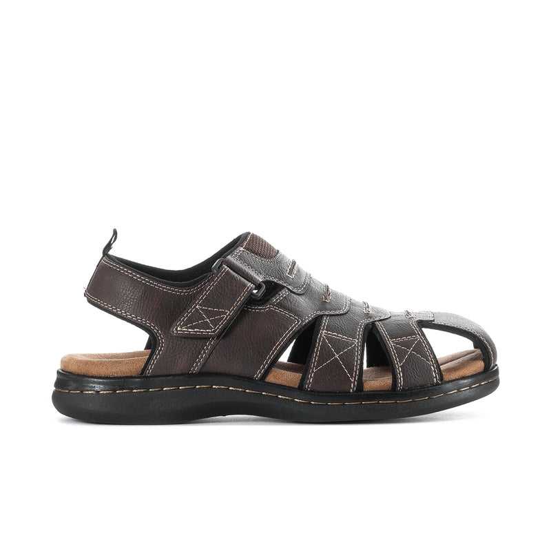 Men's brown open-toe sandals with two adjustable hook-and-loop straps