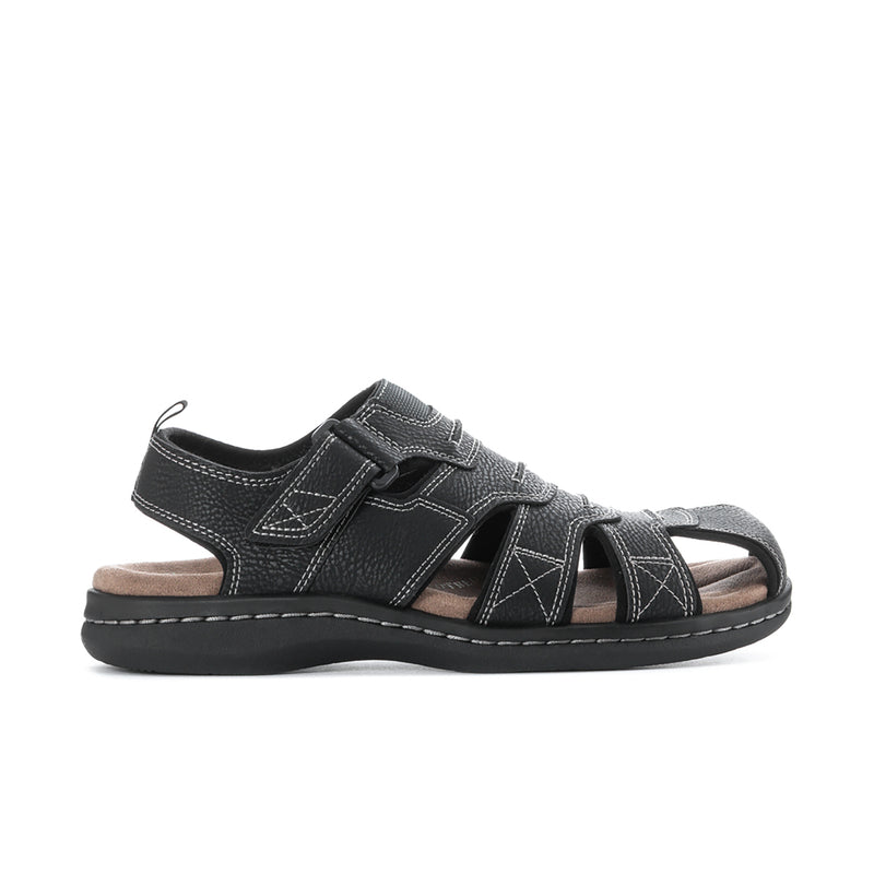 Men's black leather-look sandals with hook-and-loop straps and padded footbed