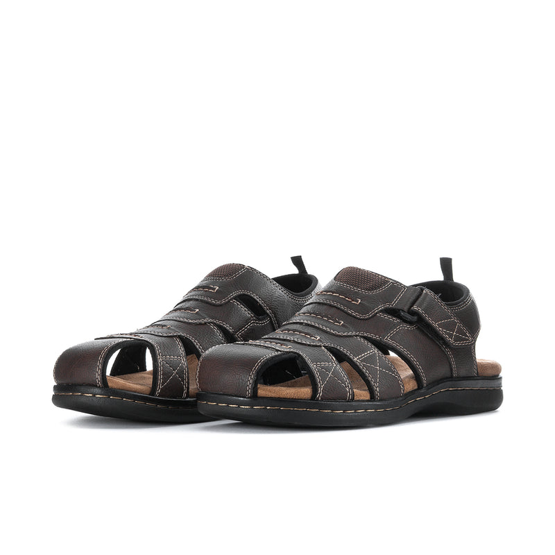 Men's brown open-toe sandals with multiple stitched straps and hook-and-loop closure
