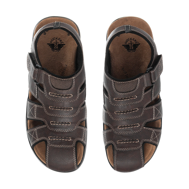Men's brown sandals showing footbed and stitched upper with open toe