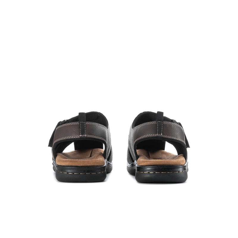 Men's brown sandals heel view with back strap and cushioned sole