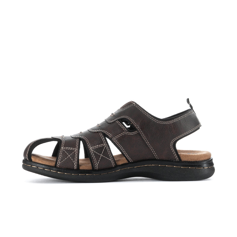 Men's brown sandal side profile with open toe and hook-and-loop strap