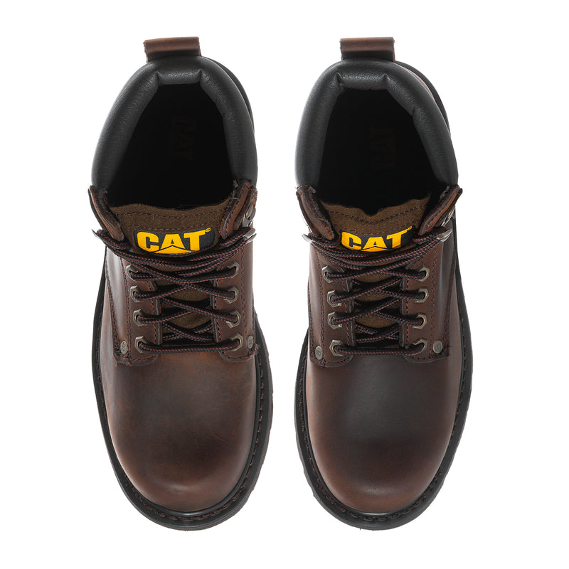 Front view of brown lace-up work boots with CAT tongue logo and padded dark interior