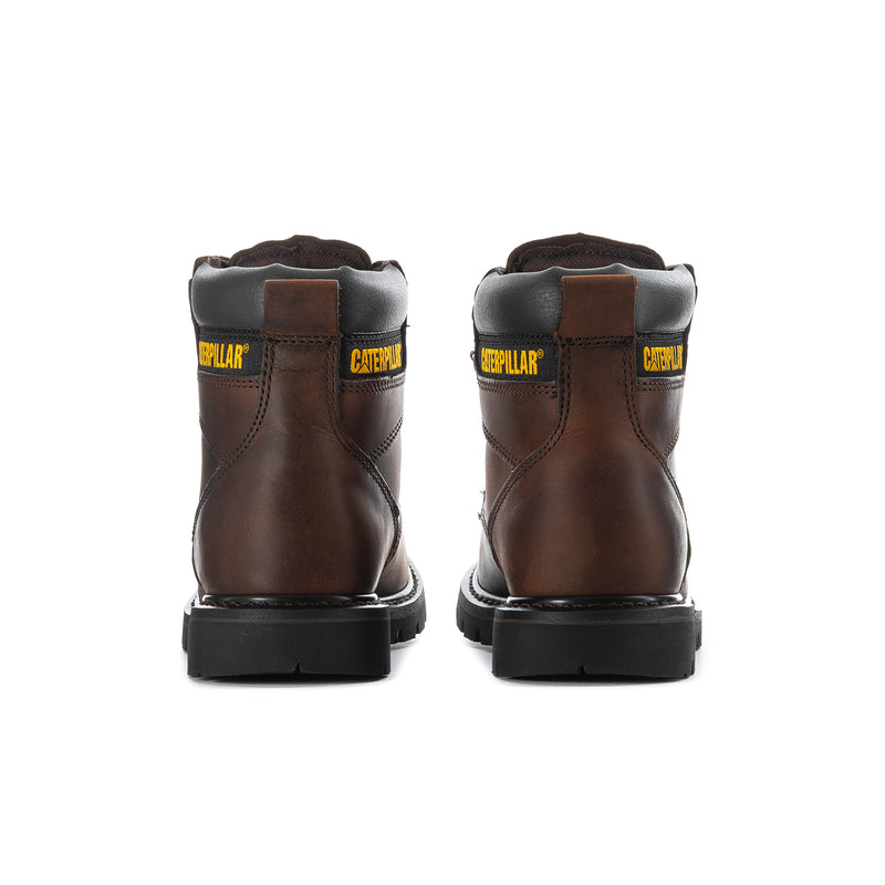 Back view of brown lace-up work boots with black heel collar and Caterpillar logo