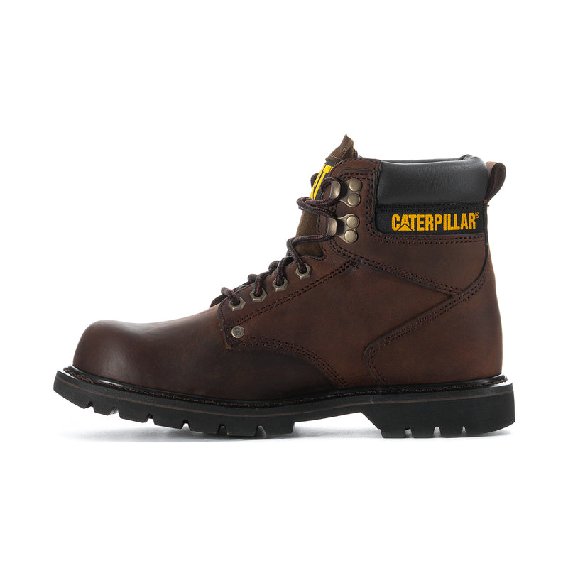 Side view brown lace-up work boot with black collar, Caterpillar logo, and chunky outsole