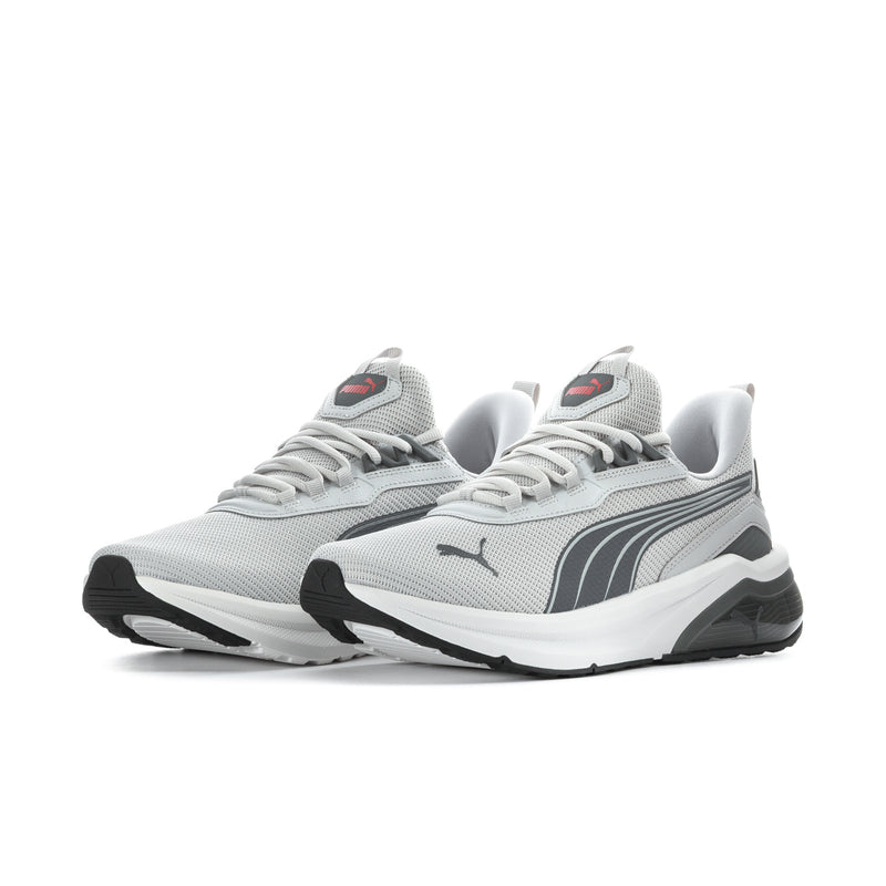 Pair of men's grey Puma lace-up running sneakers with mesh texture and white midsole