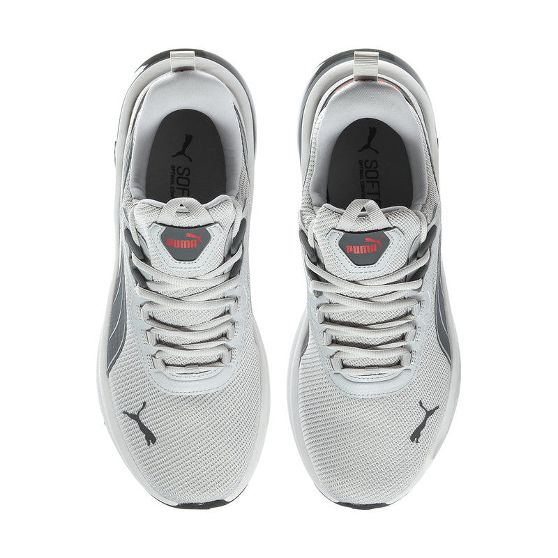 Men's grey Puma lace-up sneakers, front view with padded collar and mesh upper