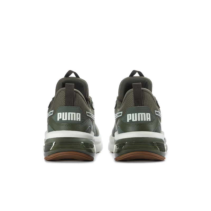 Men's Puma sneakers, dark green heel with white PUMA text and green/brown outsole