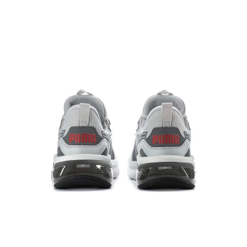 Men's grey Puma sneakers from the back, rear heel branding and dark tread sole