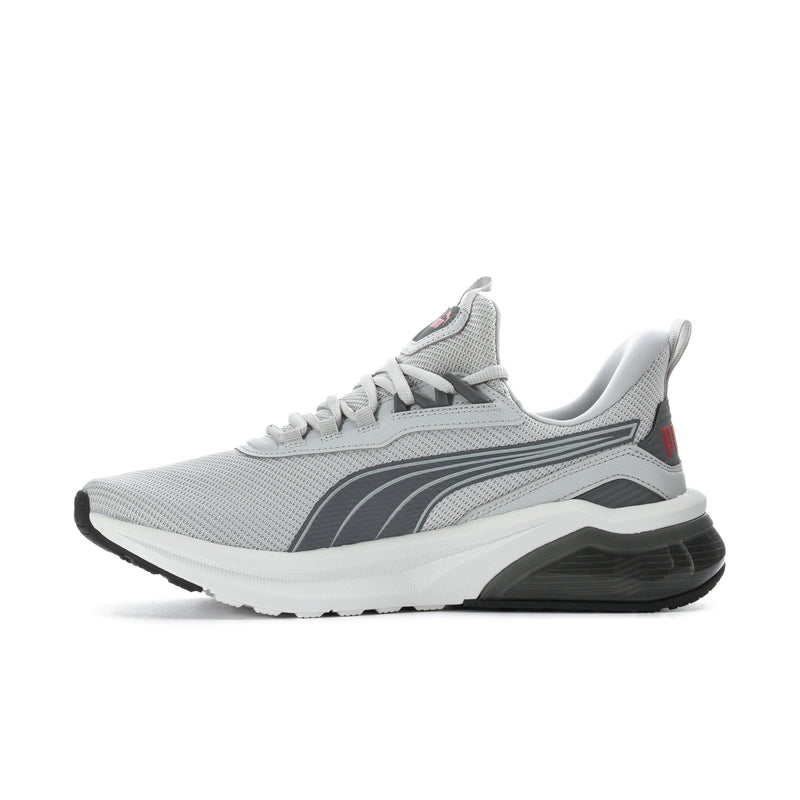 Men's grey Puma running shoe with lace-up mesh upper, side stripe, black outsole