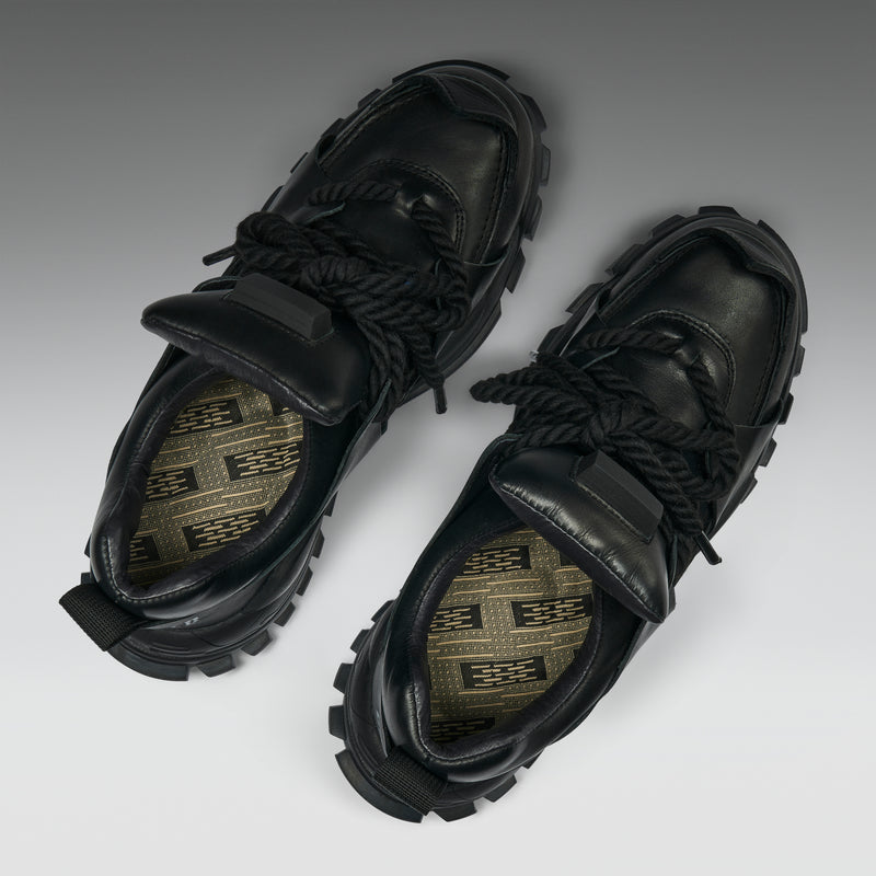 Pair of black sneakers with unique sole design on a white background
